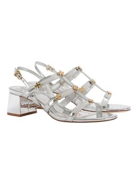 Larroudé Harmony Silver Metallic Slingback Sandals Gold Flower Block Heel 7